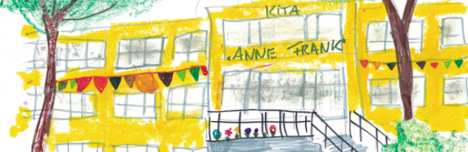 ein von Kindern gezeichnetes Bild der KiTa Anne Frank